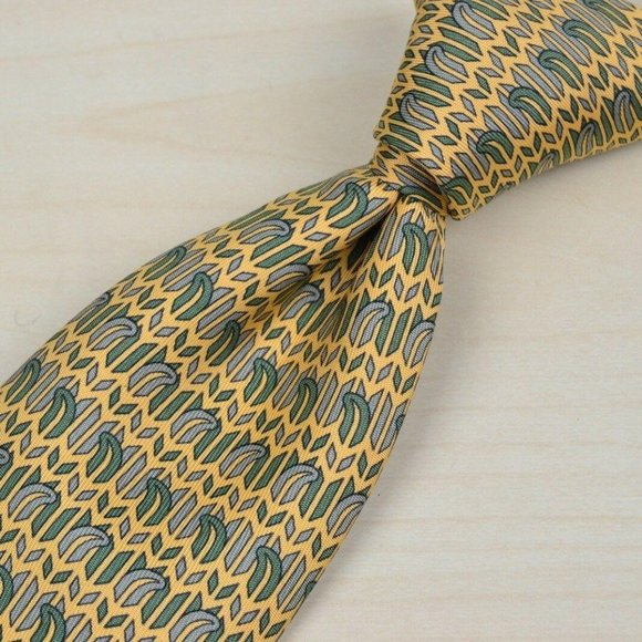 Hermes Yellow Green Geometric Silk Tie 7354 PA - Picture 1 of 6